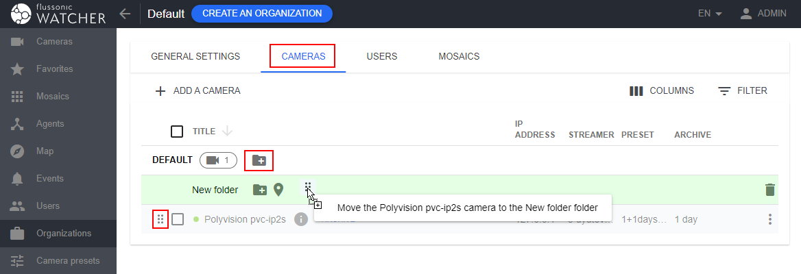 Dragging a camera to the created folder