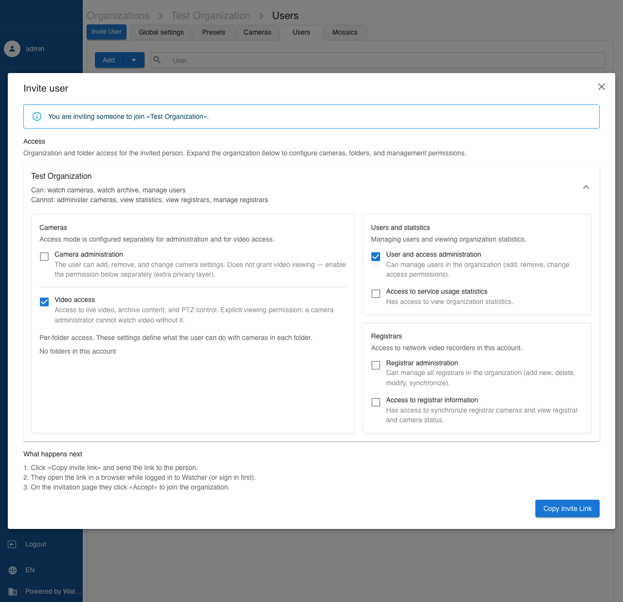 Invite user — configure permissions