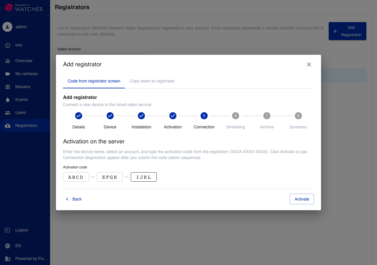 Setup — activation code entry