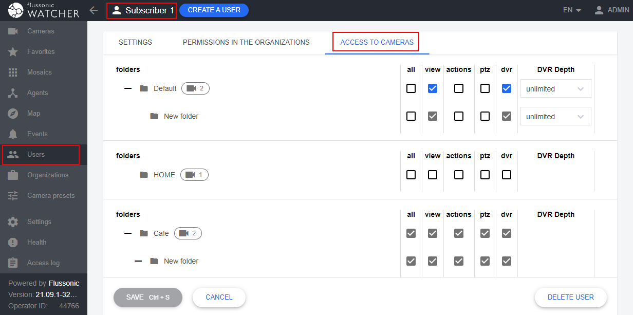 Watcher user permissions to cameras