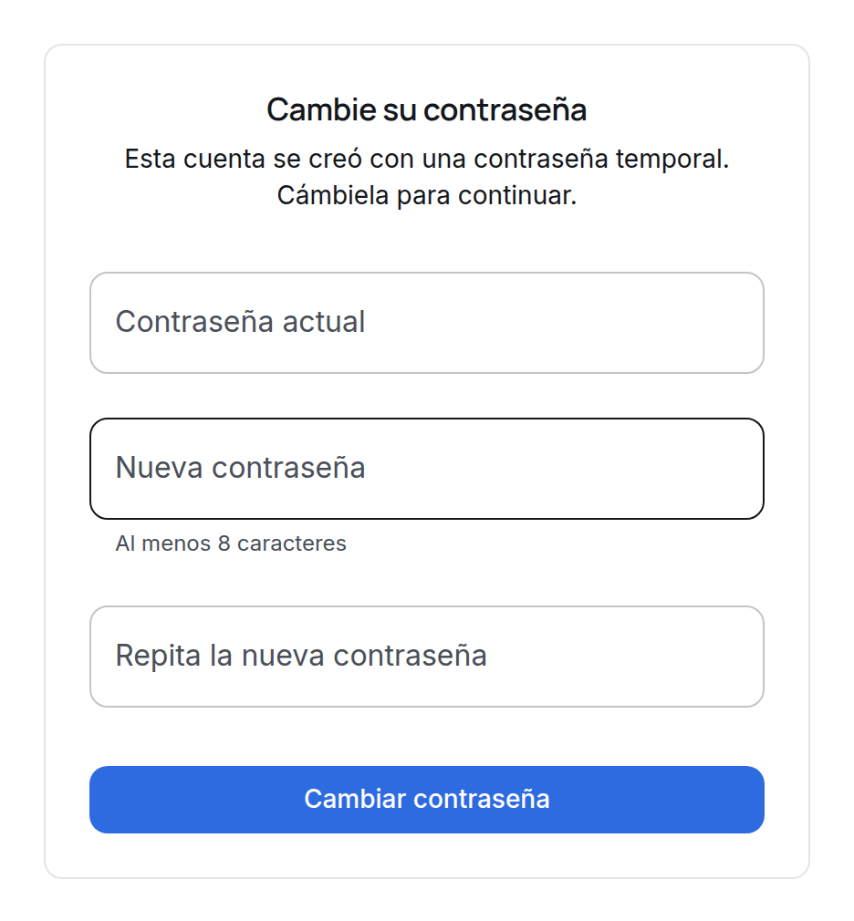 El formulario de cambio de la contraseña temporal