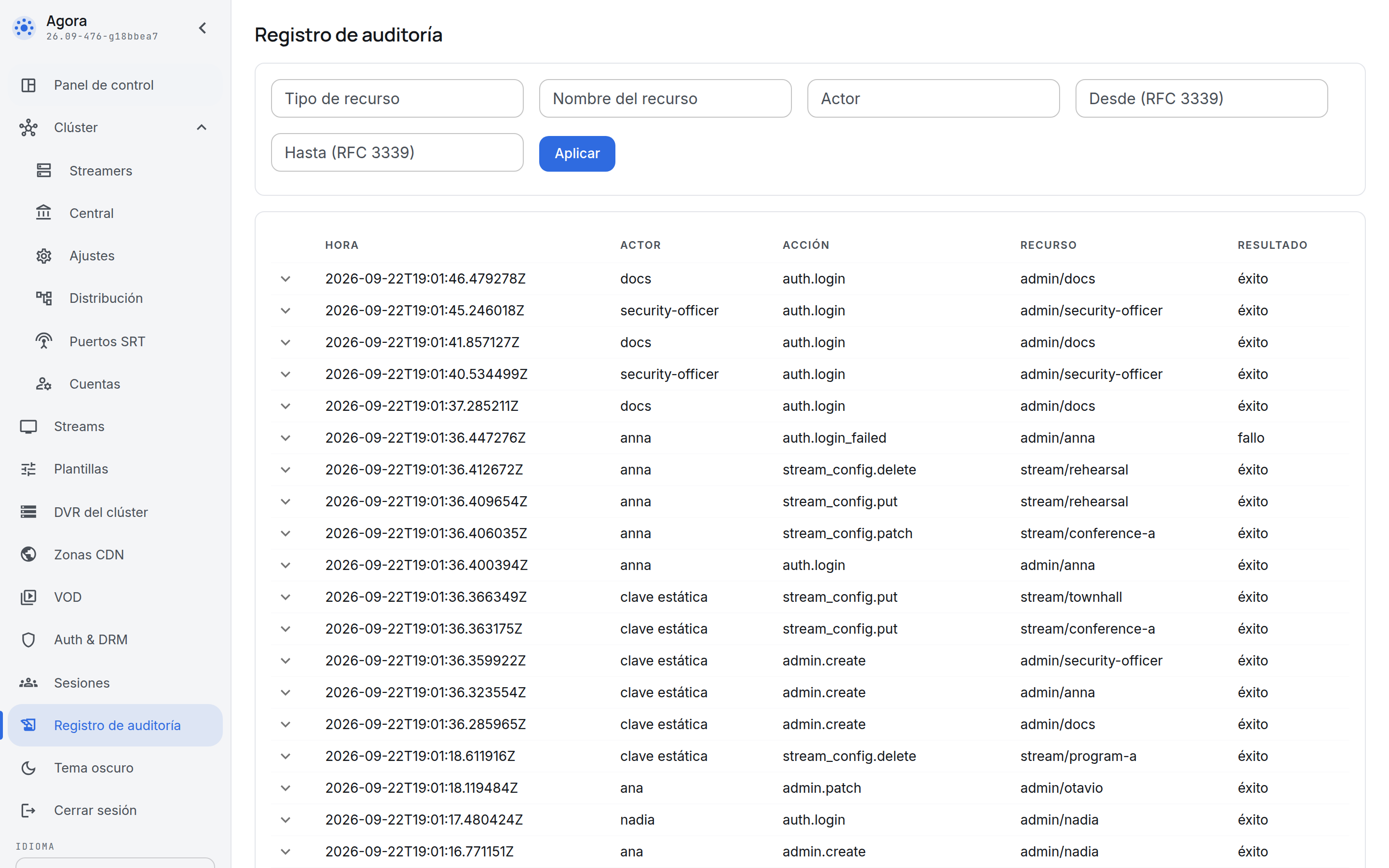 La lista del registro de auditoría