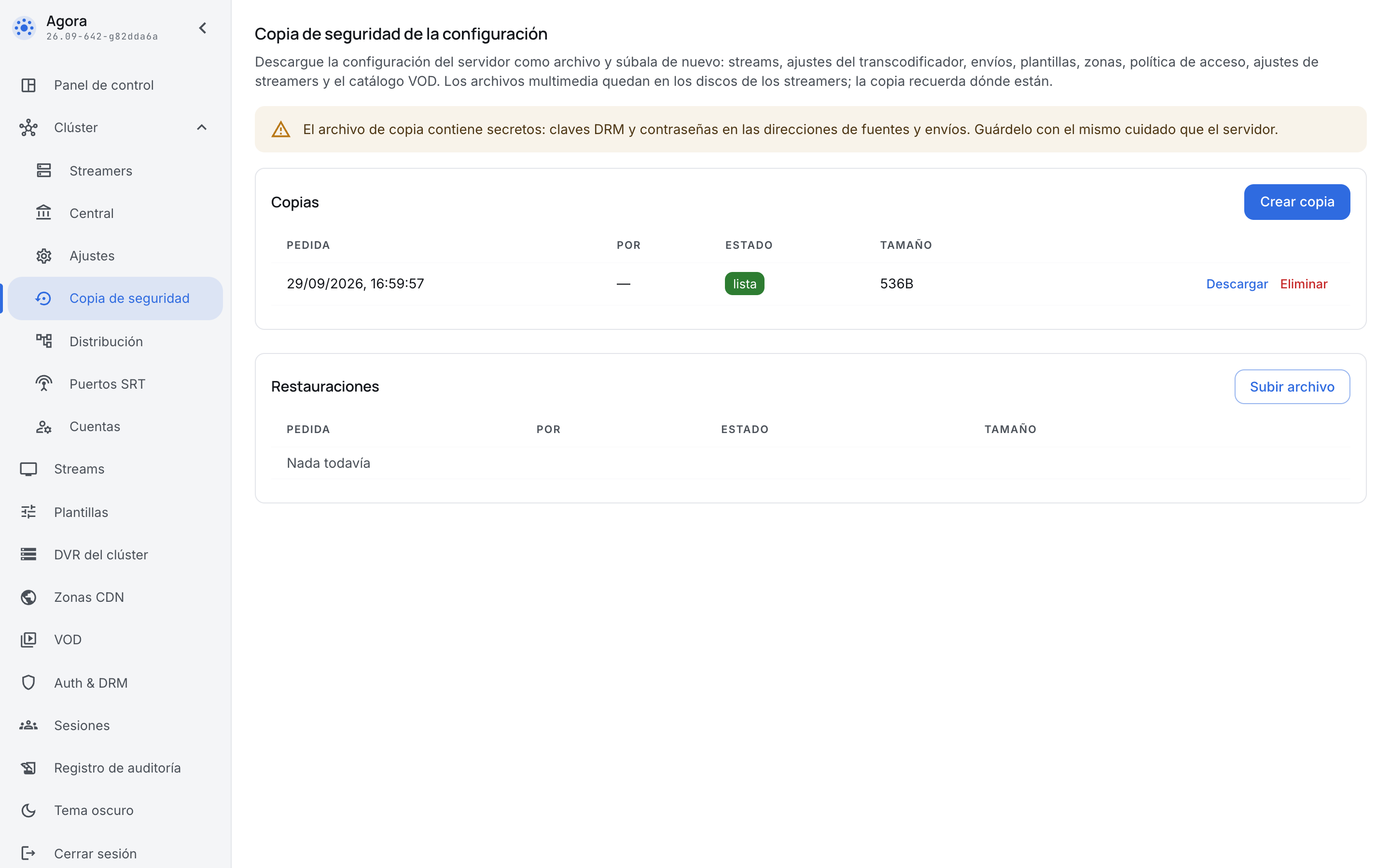 Una copia lista en la sección Copia de seguridad