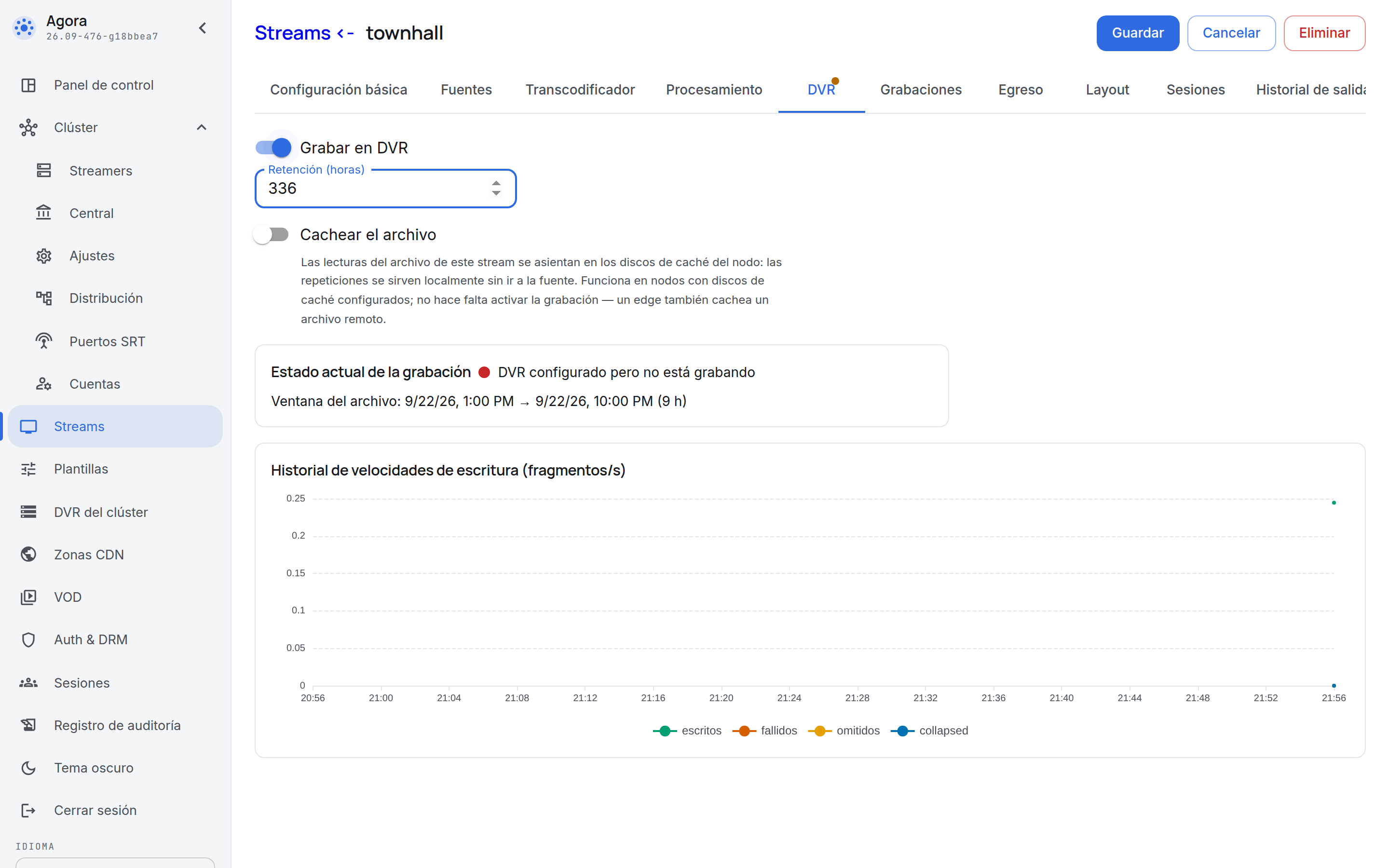 La pestaña DVR de una transmisión