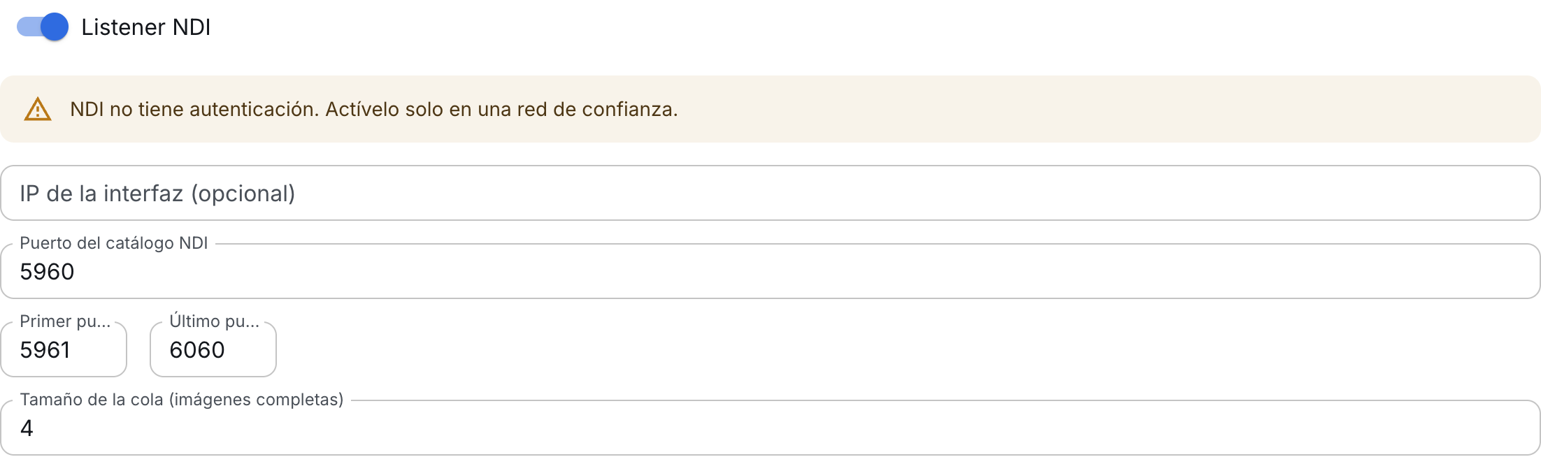 Listener NDI activado en el servidor elegido