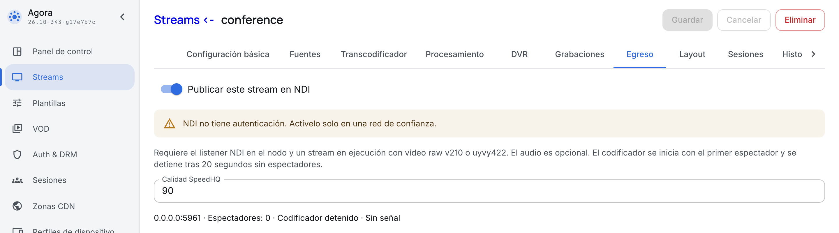 Publicación del stream en NDI