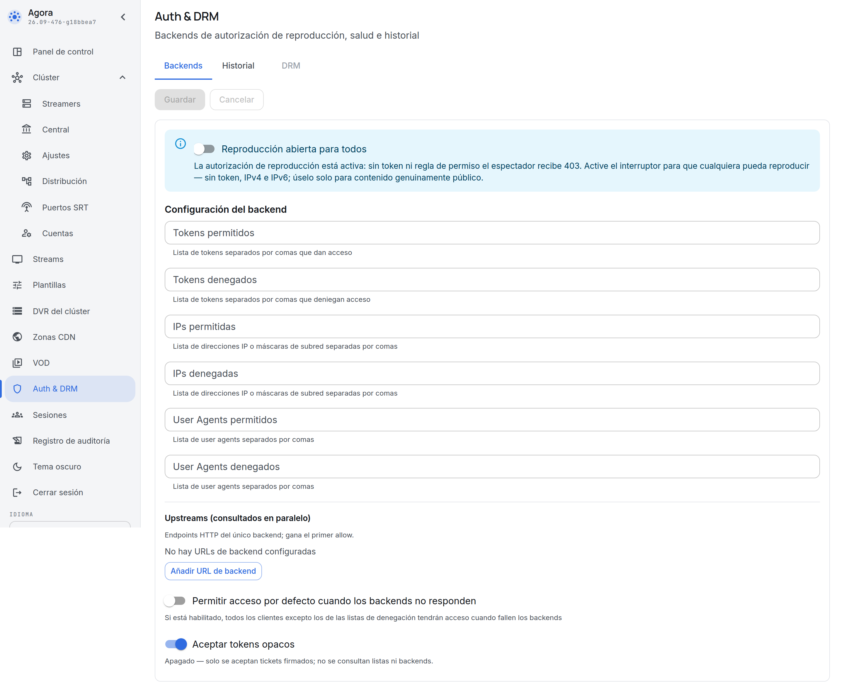 La sección Auth & DRM