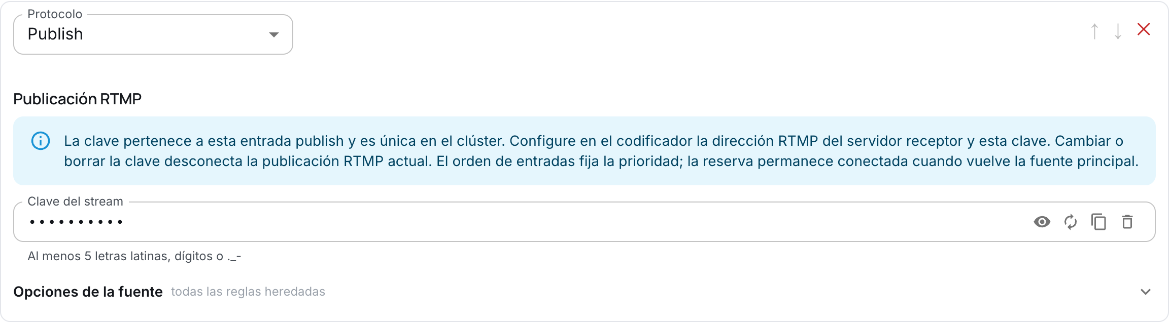 Clave RTMP dentro de la entrada Publish explícita