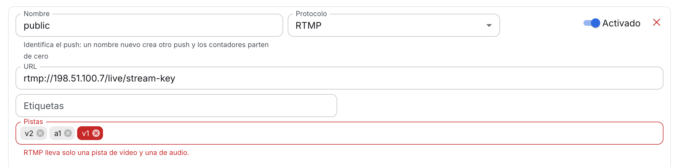 Una segunda pista de vídeo en un push RTMP: el panel avisa antes de guardar