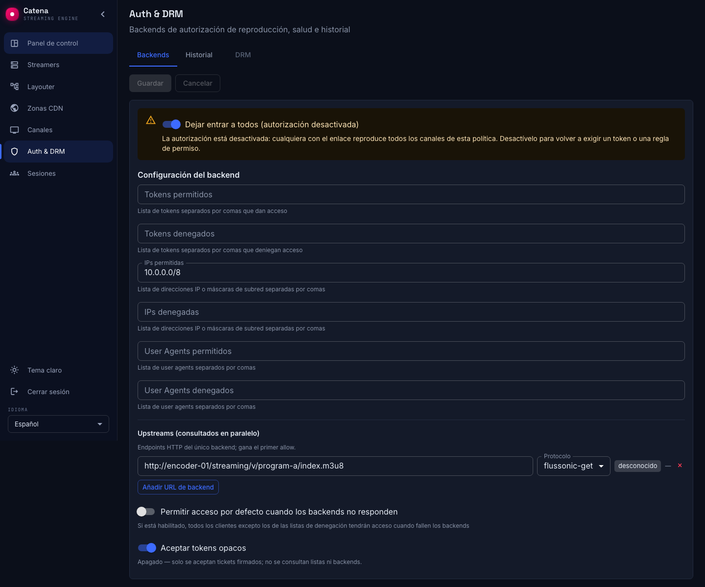La sección Auth & DRM