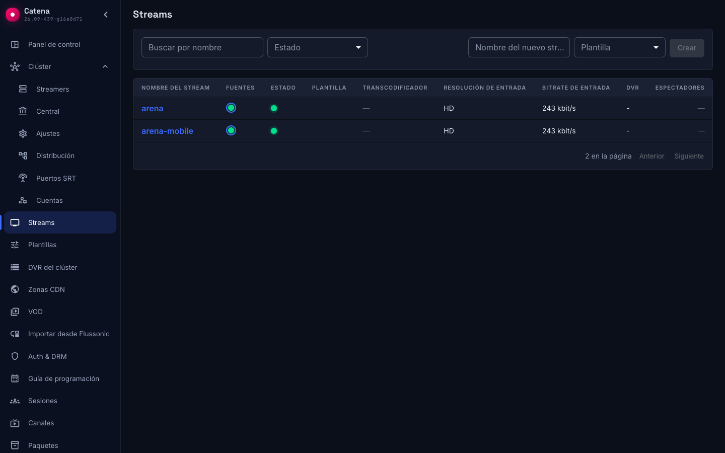 Lista de streams: el objetivo y su copia están activos