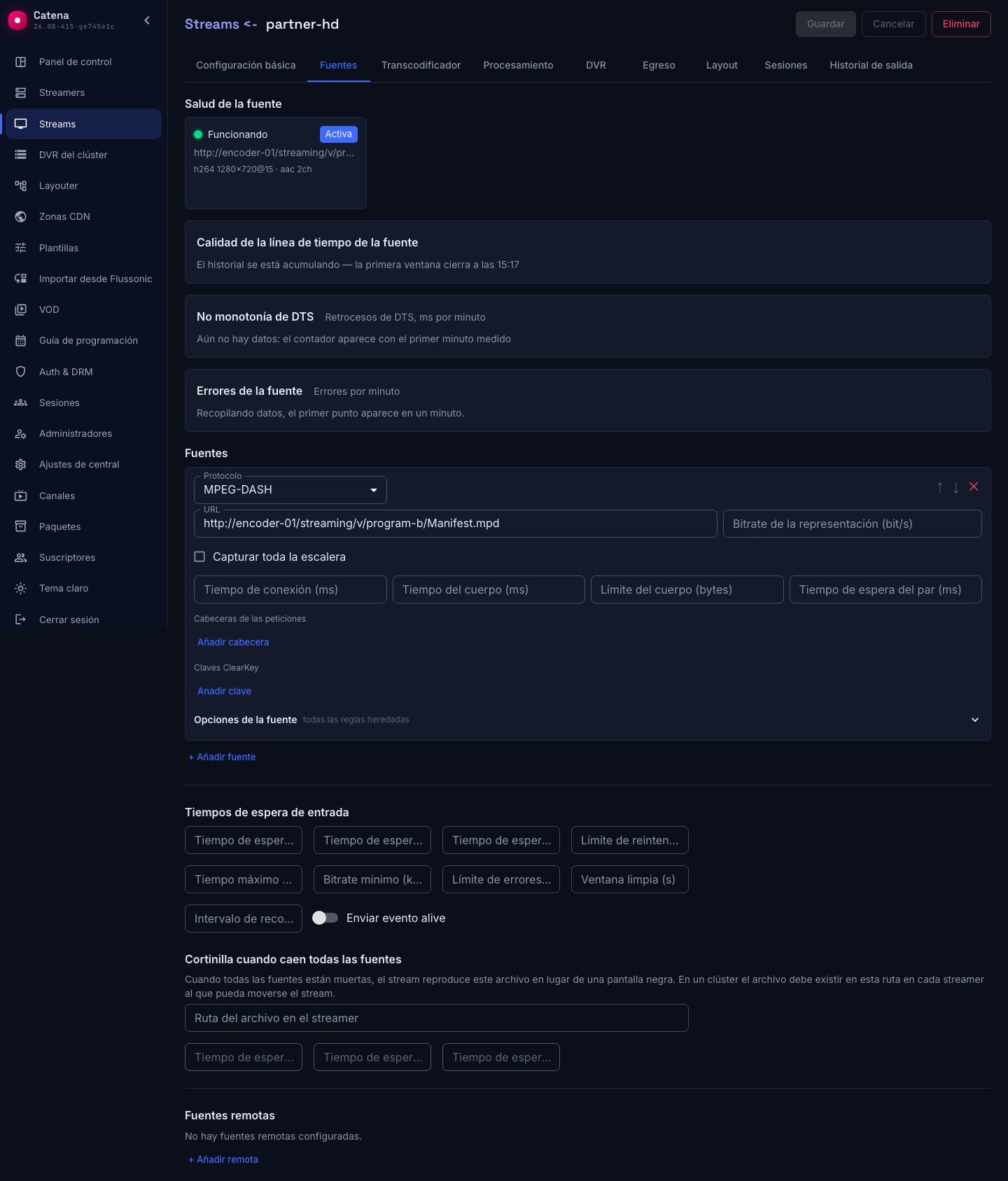 La fuente DASH está conectada y el stream está al aire