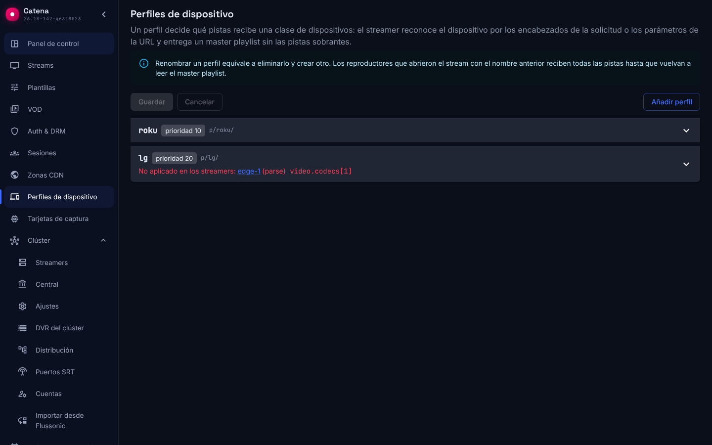 La sección de perfiles: orden de prueba, un perfil solo por URL y un perfil que un streamer no aplicó