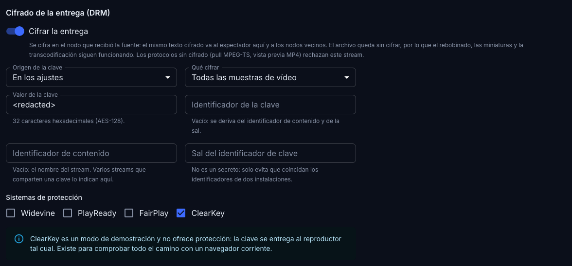 El bloque de cifrado: clave de los ajustes y el sistema ClearKey