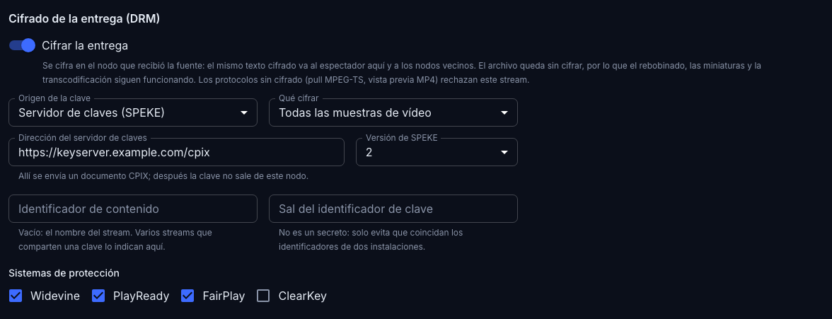 El bloque de cifrado con «Servidor de claves» como origen