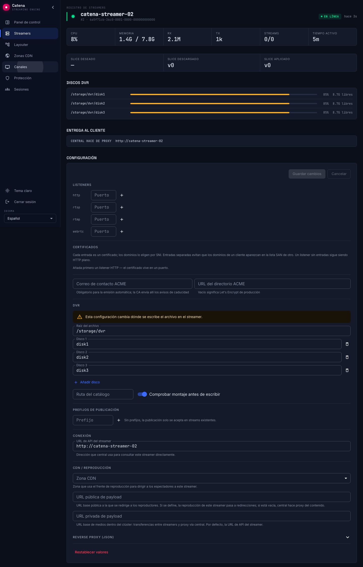 Configuración del streamer: la raíz del archivo y los discos debajo