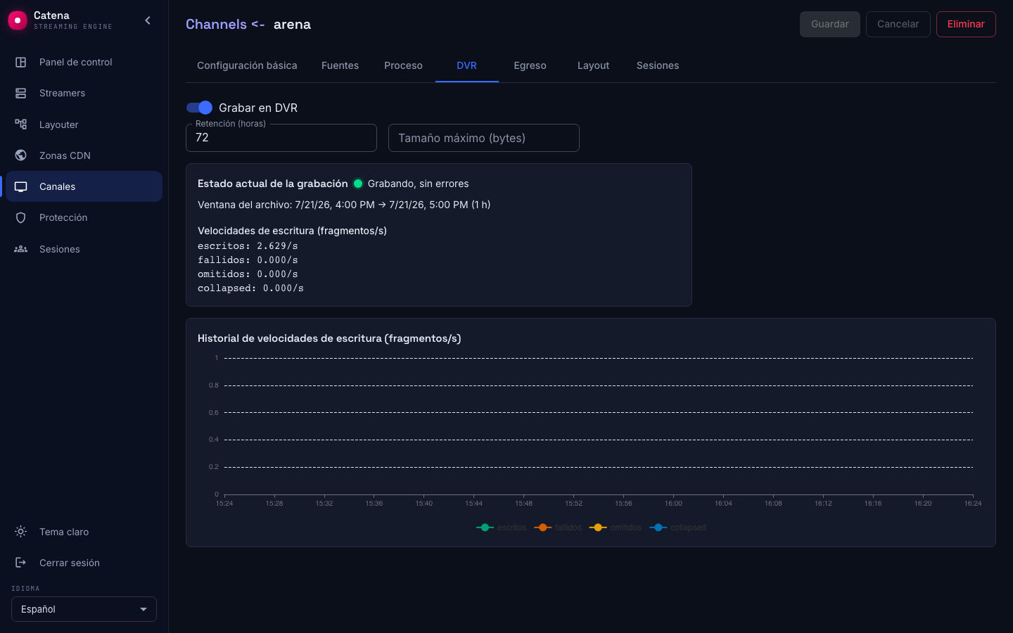 La pestaña DVR: configuración y estado actual de la grabación