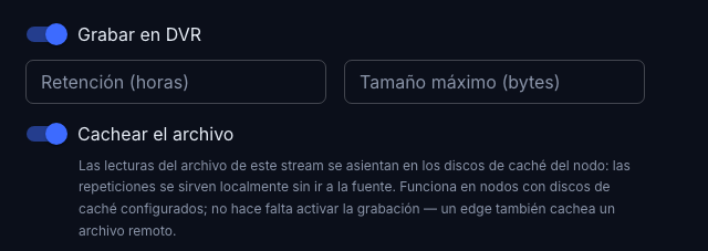 La pestaña DVR: dos interruptores independientes — grabación y caché