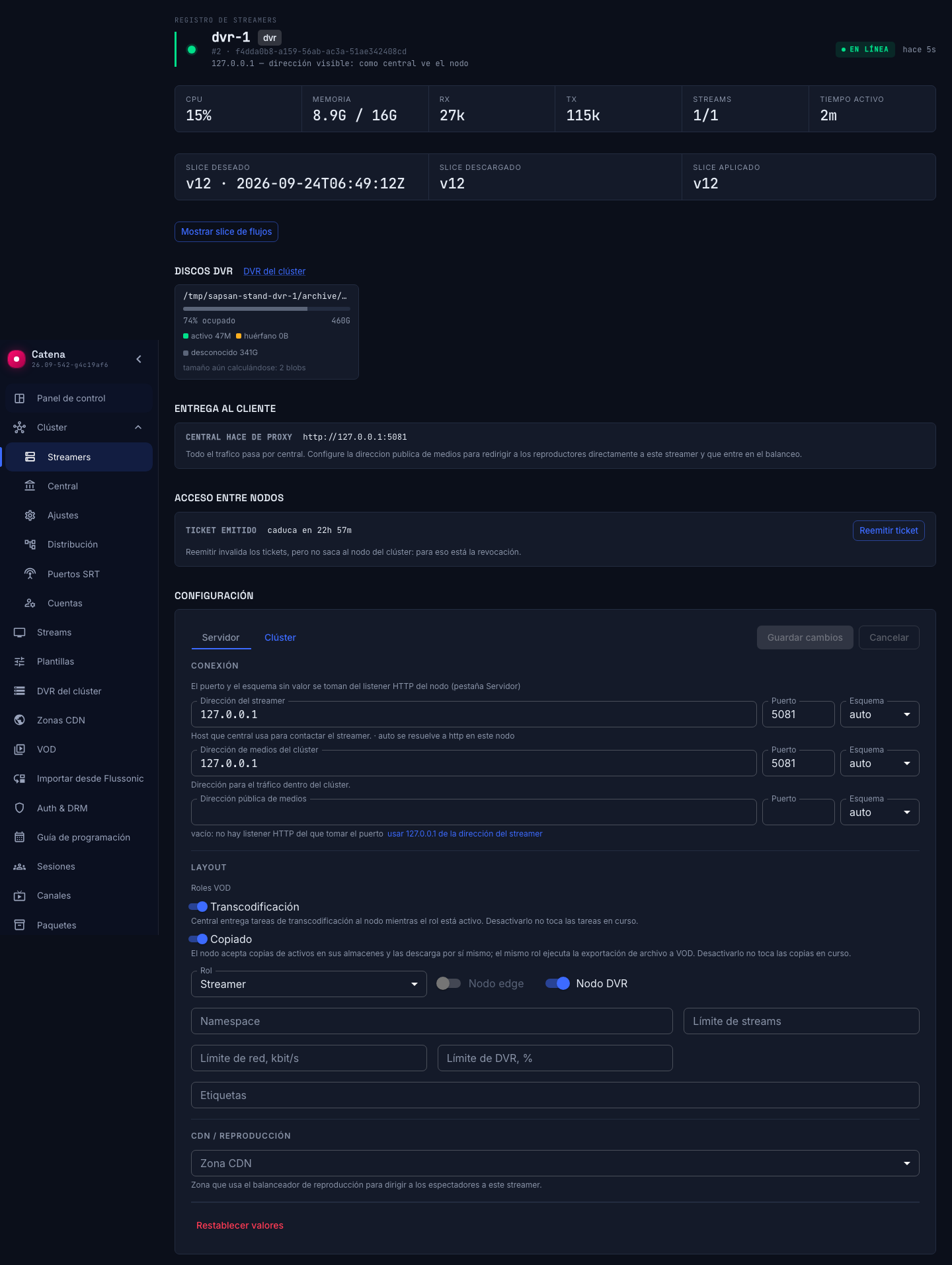 Pestaña Clúster de un streamer con el interruptor «Nodo DVR» activado