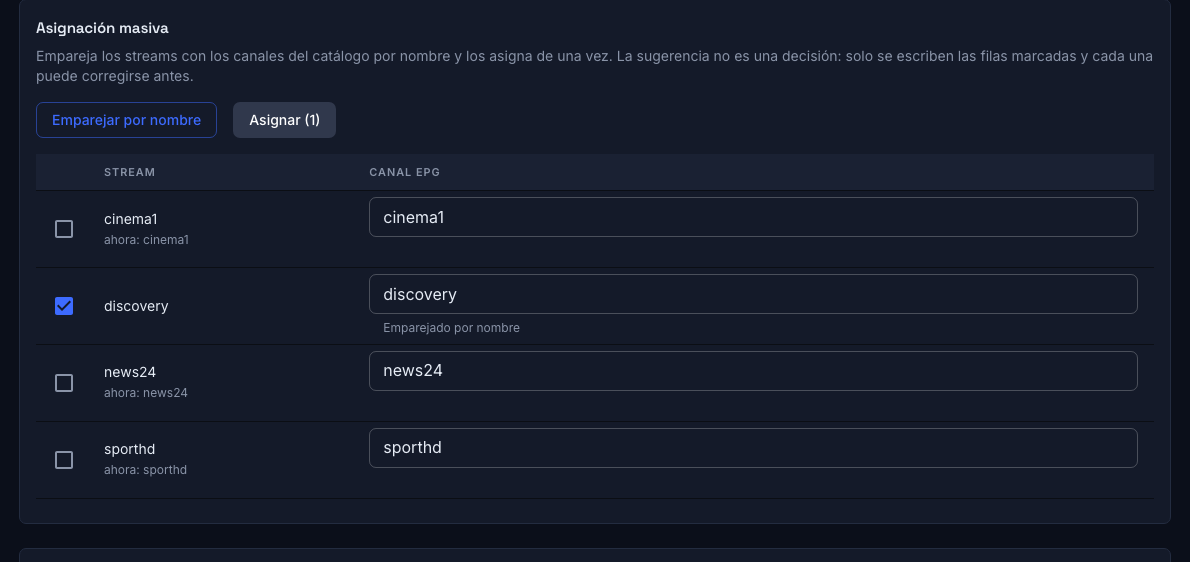 Asignación masiva de canales
