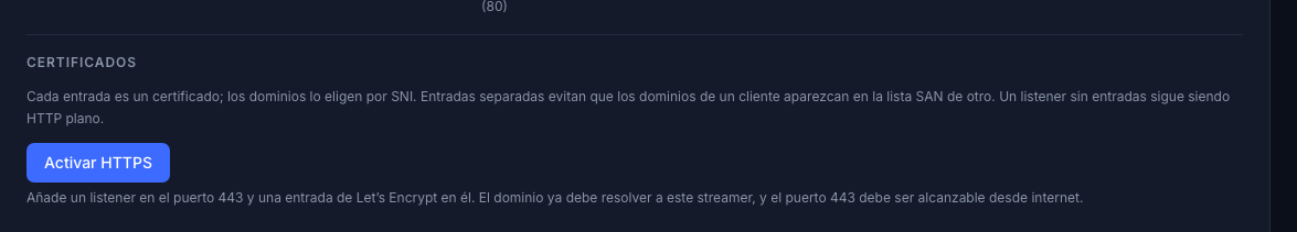 La sección de certificados antes de la primera entrada