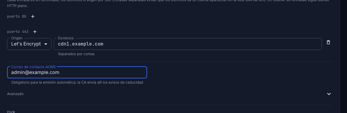 Una entrada de Let's Encrypt con sus dominios y el correo ACME