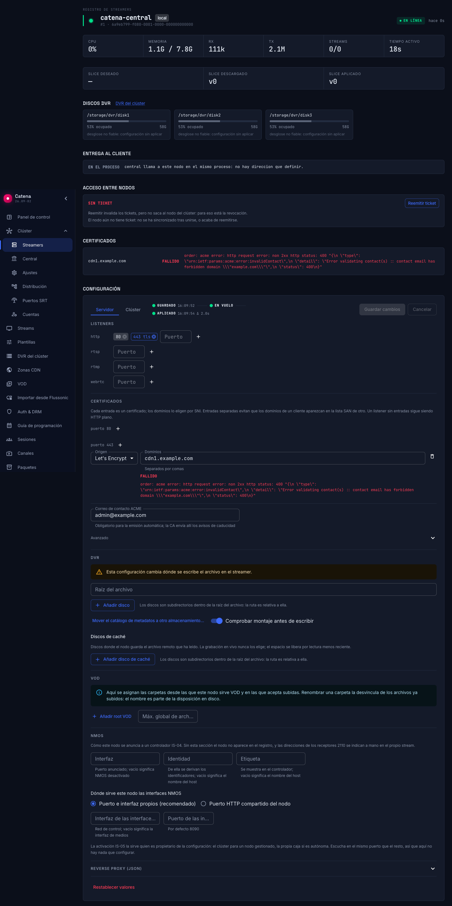 La sección de certificados completa — dónde está en la ficha del streamer