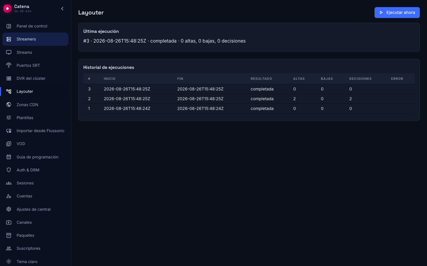 La pantalla Layouter: la última ejecución y el historial