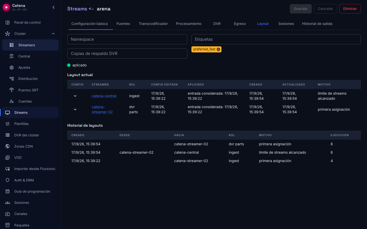 La pestaña Layout del stream tras la mudanza: ingest en el streamer nuevo, dvr parts en el anterior