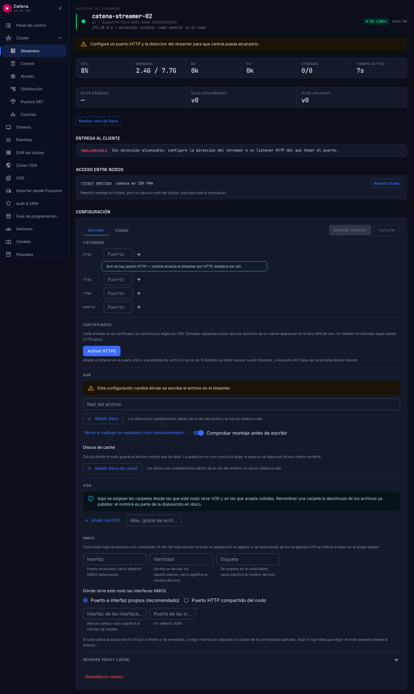 El formulario de ajustes del streamer con la traza de aplicación