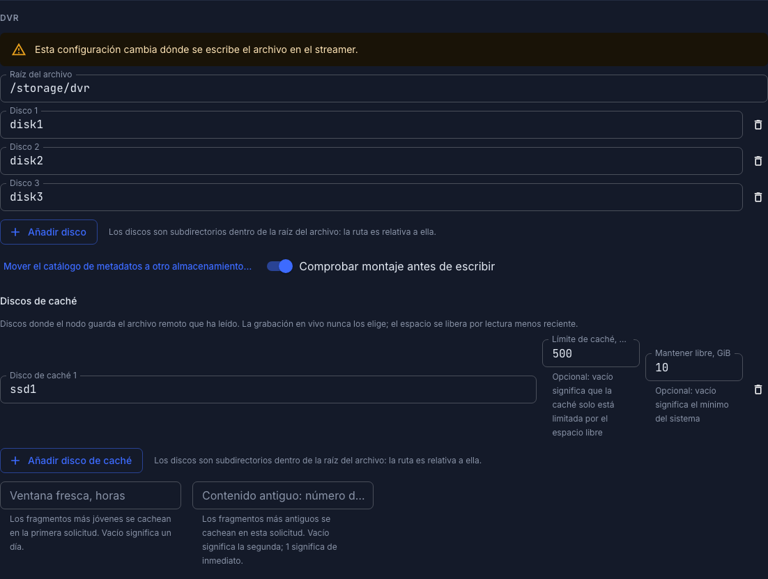 El bloque DVR: discos de archivo, discos de caché y admisión en caché