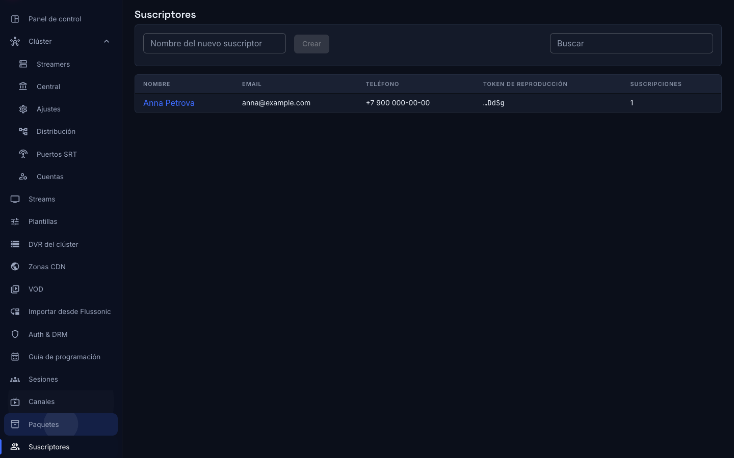 La lista de suscriptores con su búsqueda