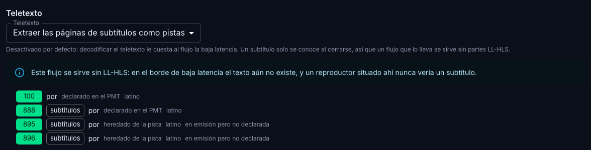 Extracción de teletexto en la pestaña «Procesamiento»