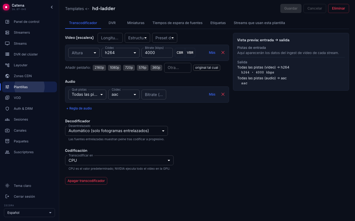 La página de la plantilla: las pestañas reflejan las secciones de configuración