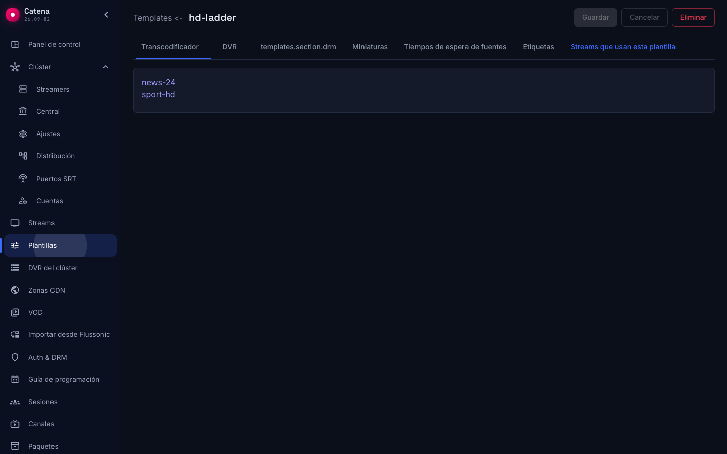 La pestaña «Streams en esta plantilla»: quién referencia la plantilla
