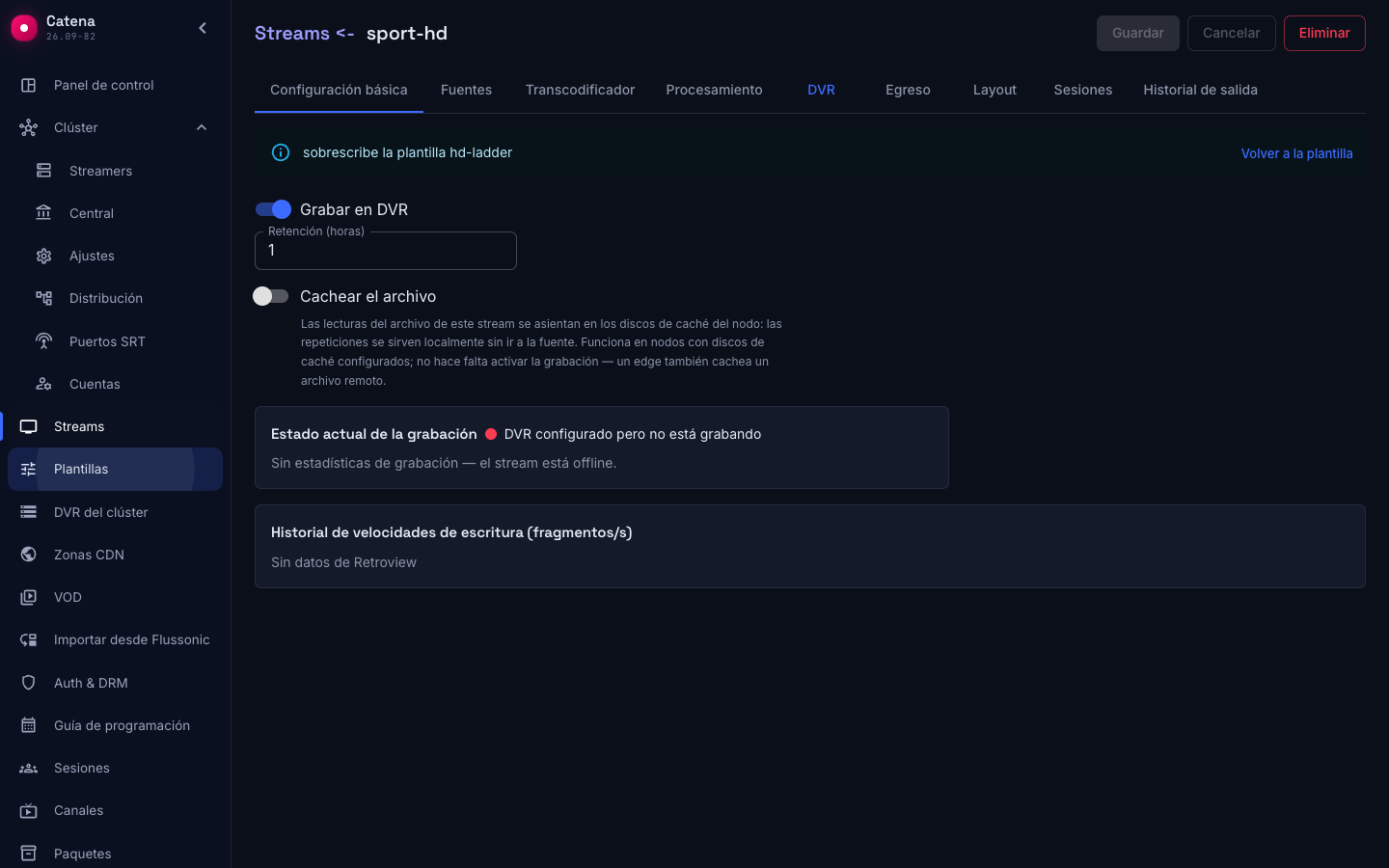 Una sección del stream que sobrescribe la plantilla, con el botón para volver a ella