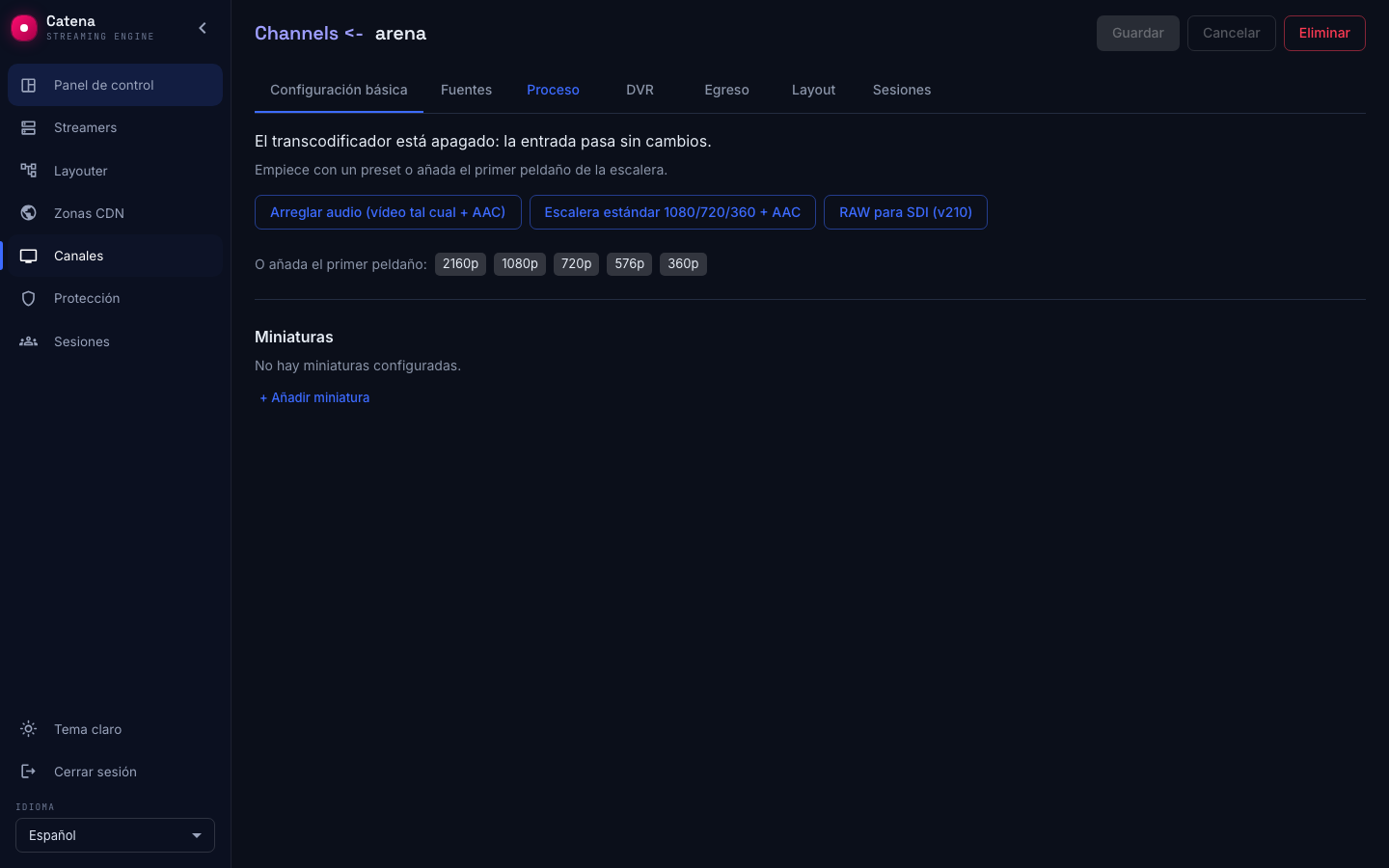 La pestaña Proceso vacía con los presets