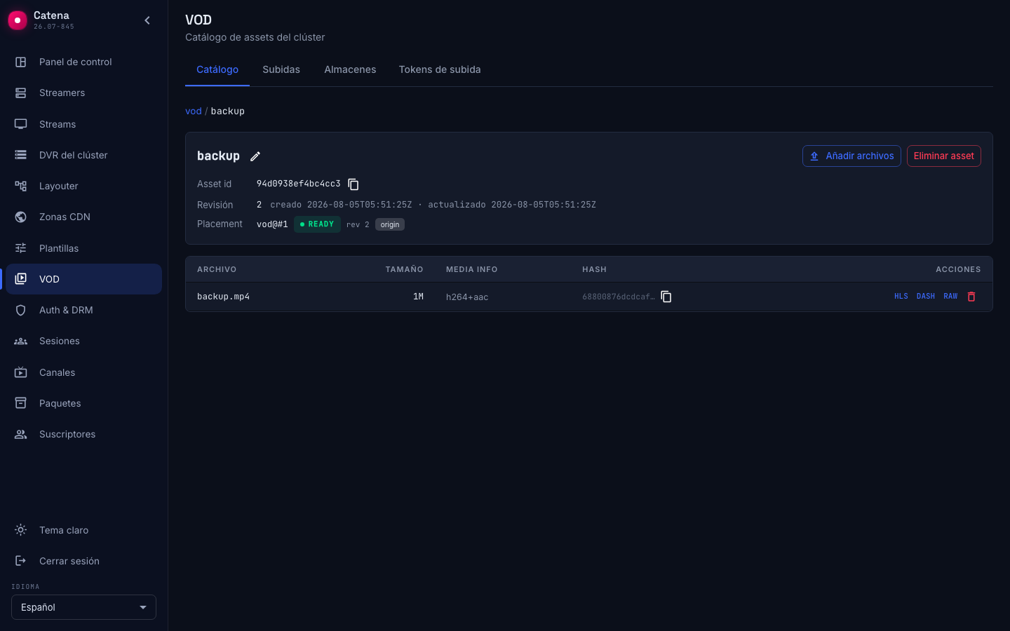 La tarjeta del asset: placement, revisión y archivos con sus enlaces de reproducción