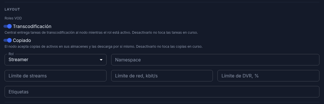 Ajustes del streamer: roles de transcodificación y copiado