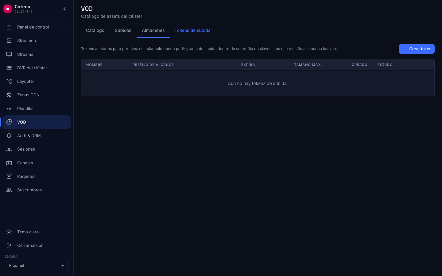 La pestaña Tokens de subida