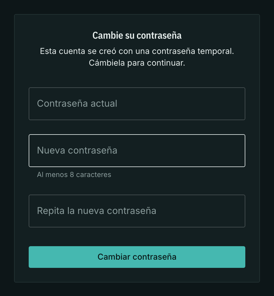 El formulario de cambio de contraseña temporal