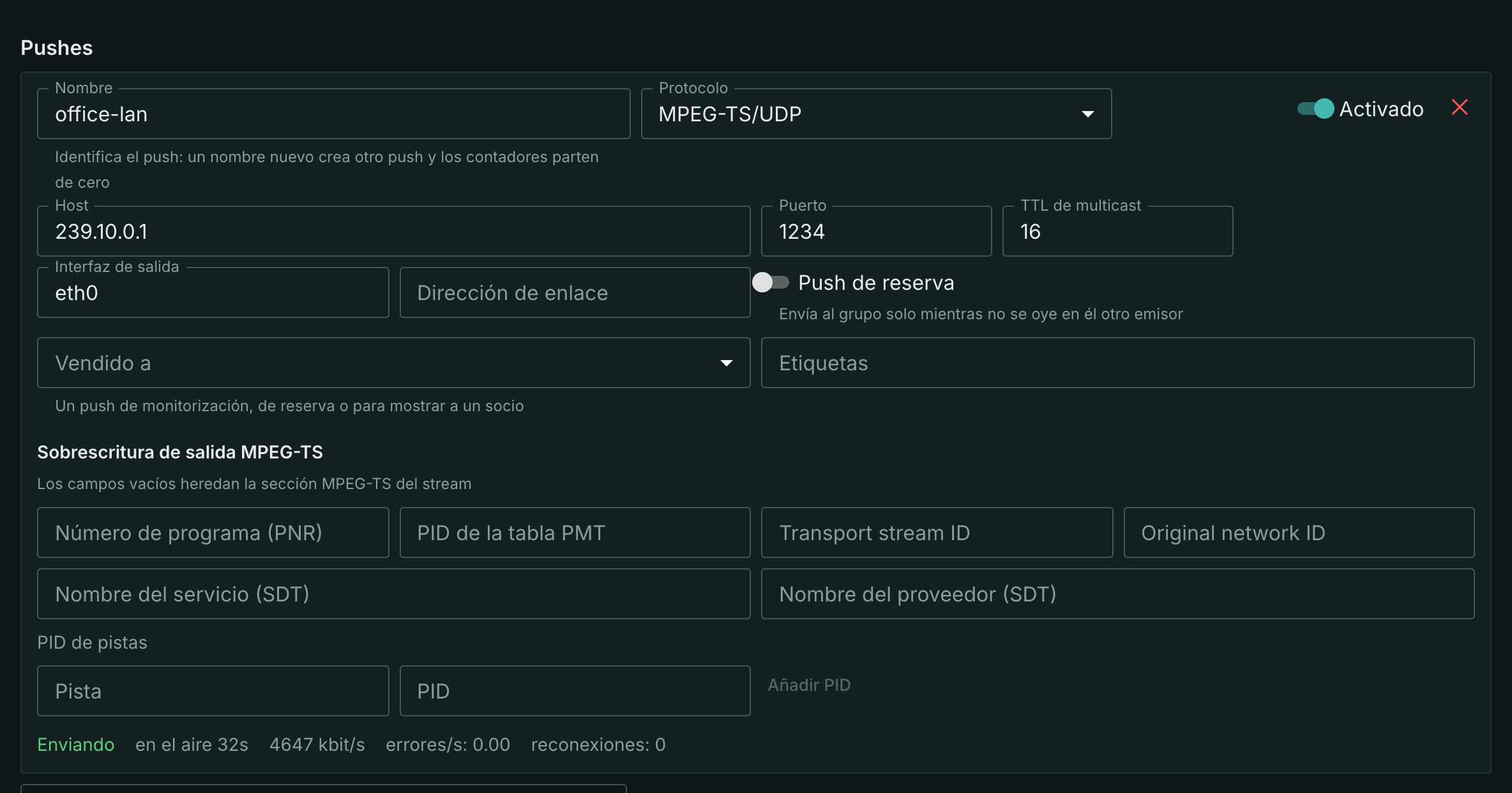 Push UDP a un grupo multicast