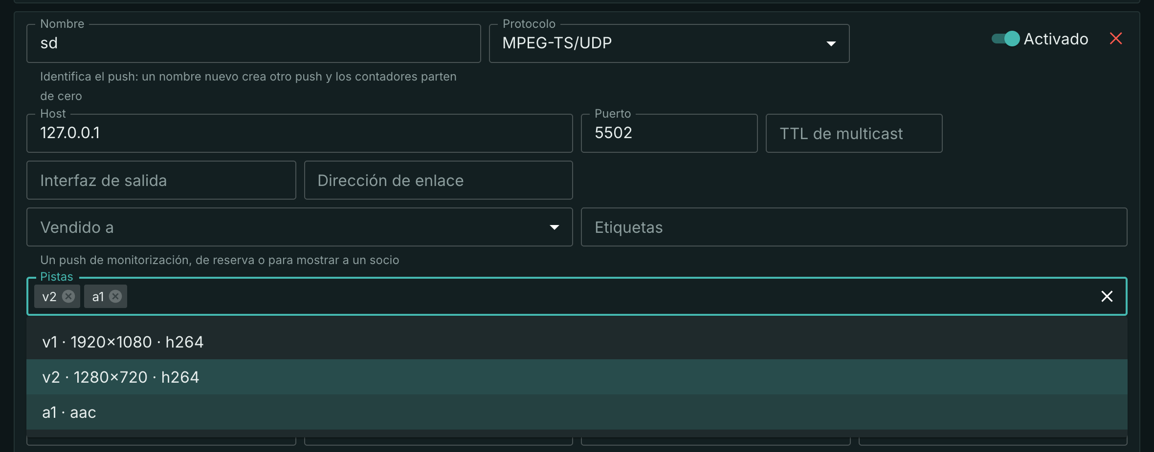 El campo Pistas: las opciones llevan la resolución de la calidad
