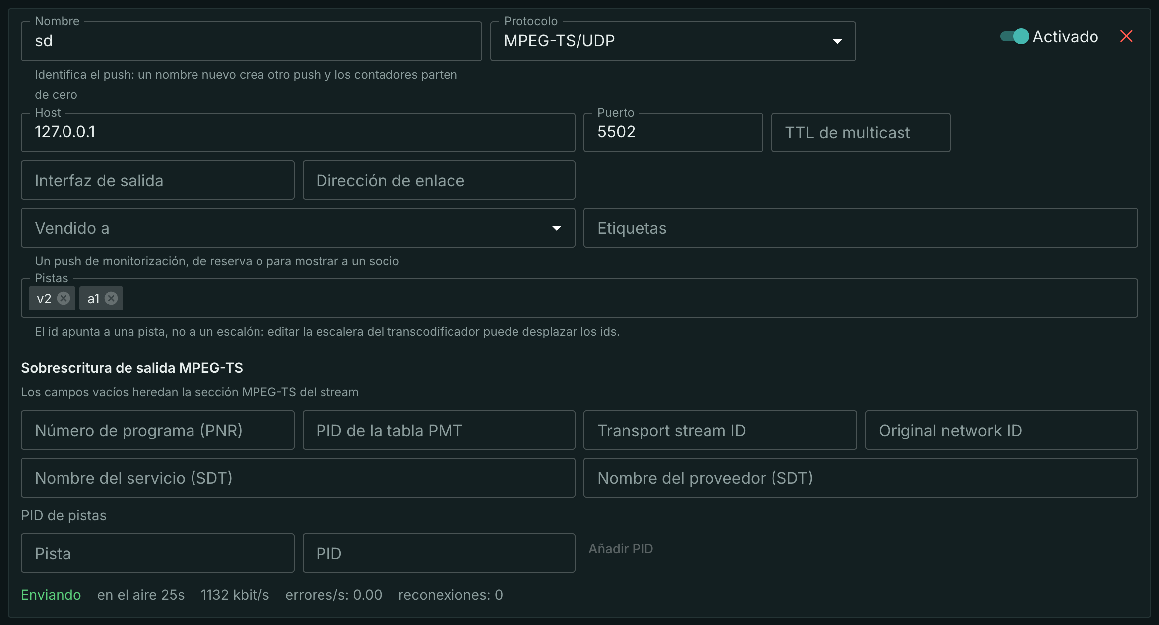 El push sd envía la calidad 720p: pistas v2 y a1, menos velocidad que hd