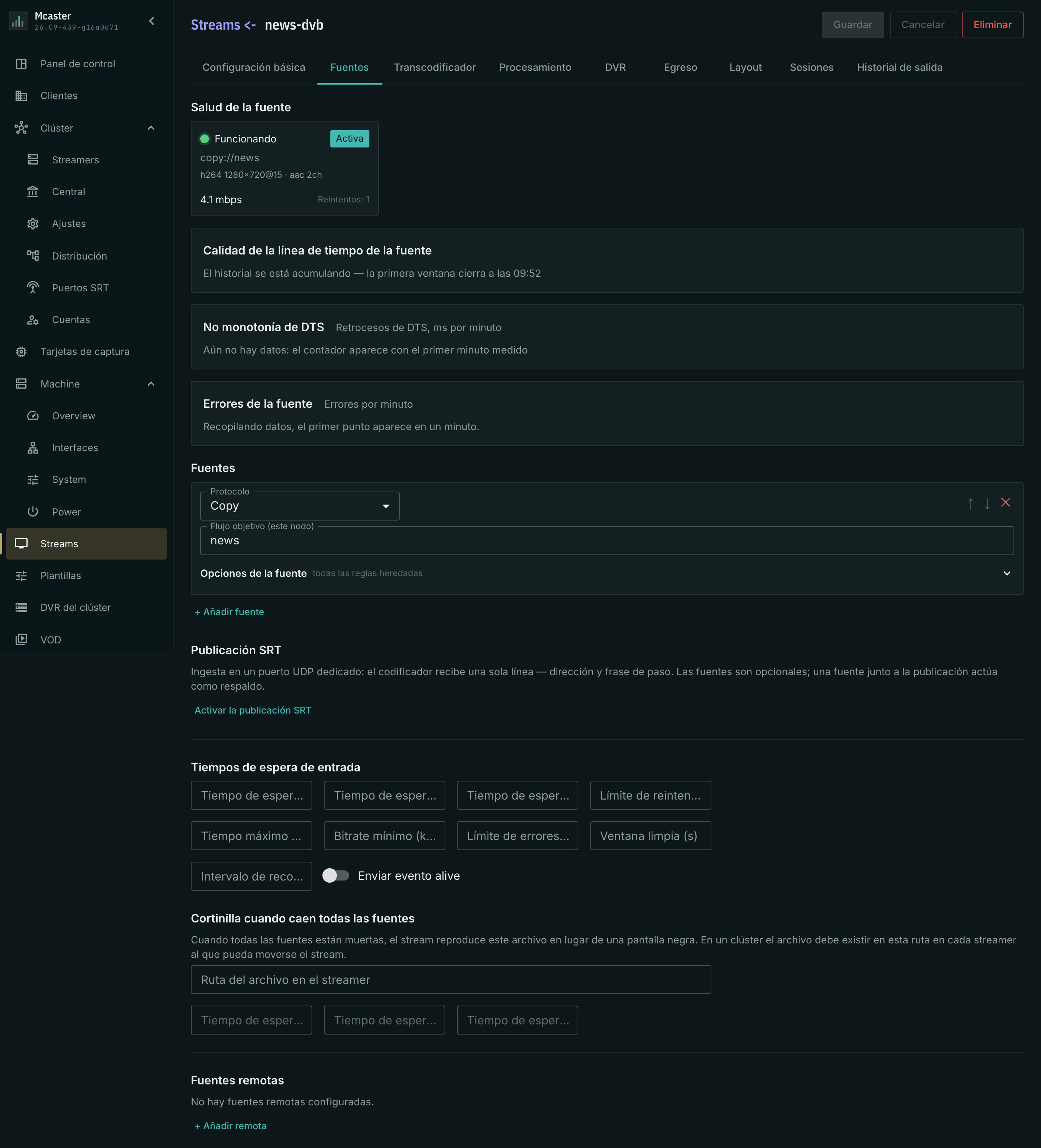 Fuente Copy: el campo del stream objetivo y la tarjeta de estado