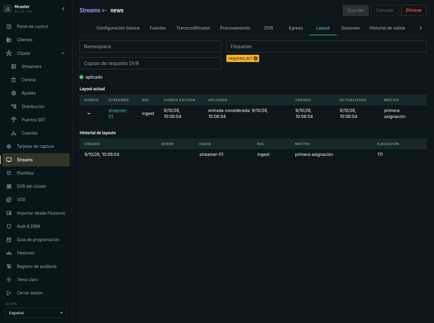 La pestaña Layout del stream: namespace, etiquetas y número de copias de respaldo del archivo