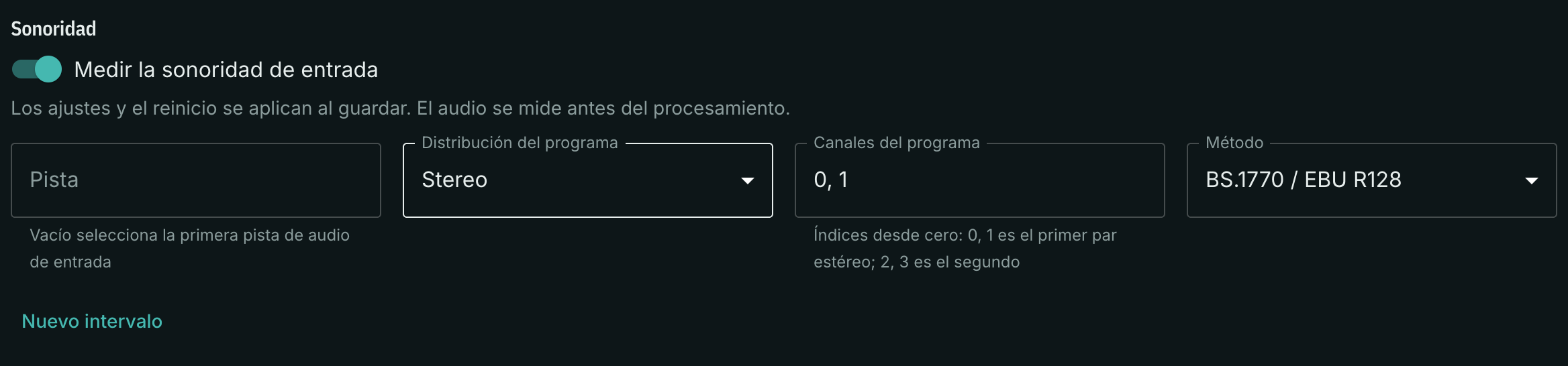 Ajustes de sonoridad de entrada: programa estéreo y BS.1770 / EBU R128