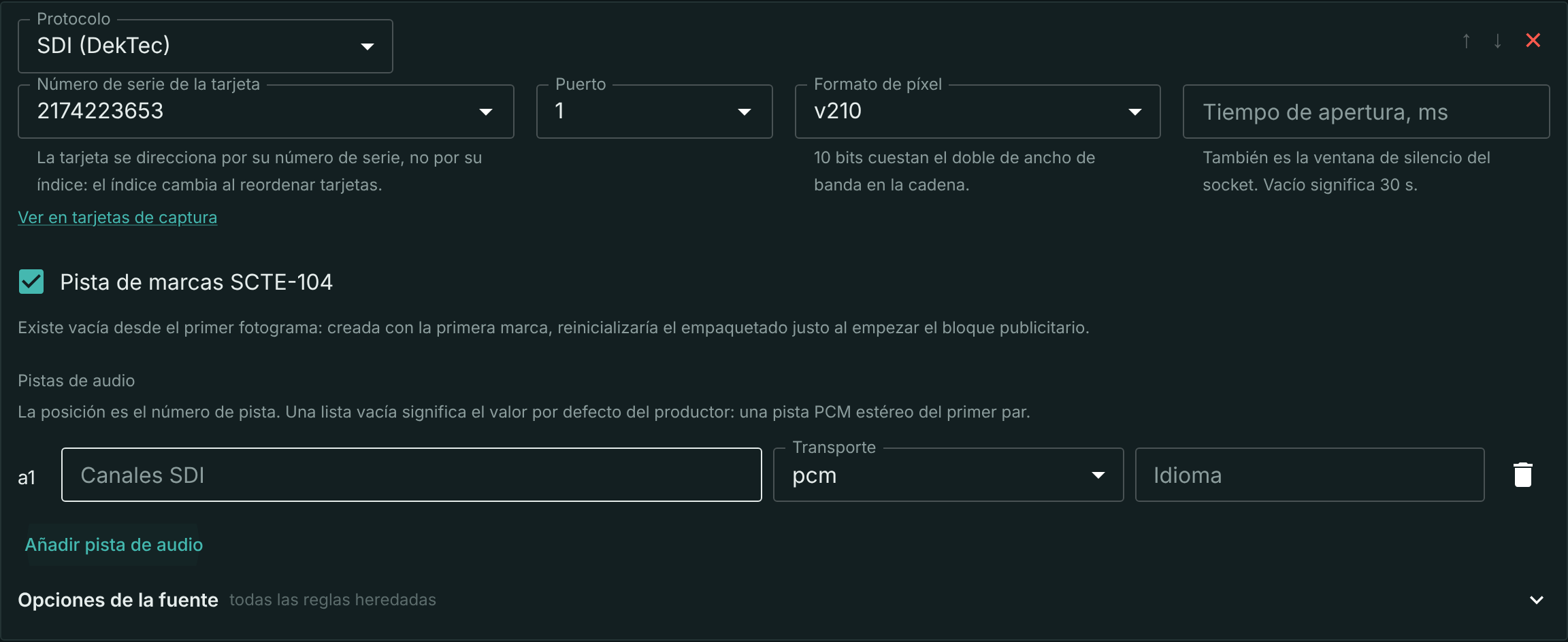 La sección de entrada SDI en la ficha del stream