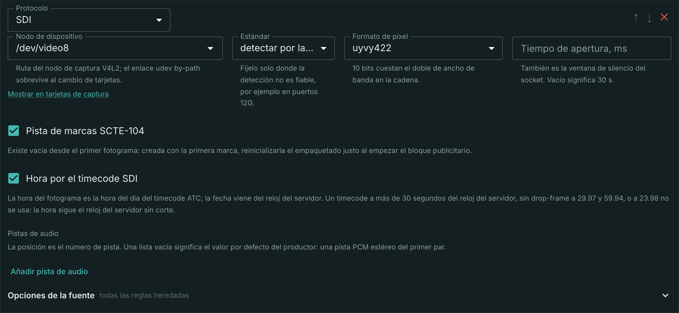 Casilla de timecode en la sección de la entrada SDI