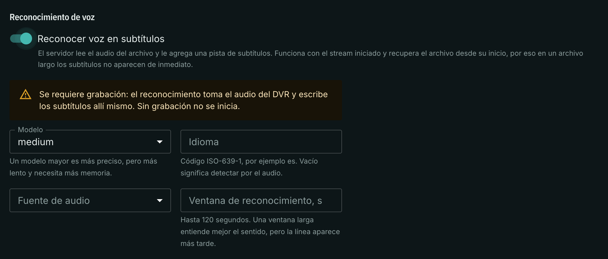 El aviso de que el reconocimiento necesita grabación de archivo